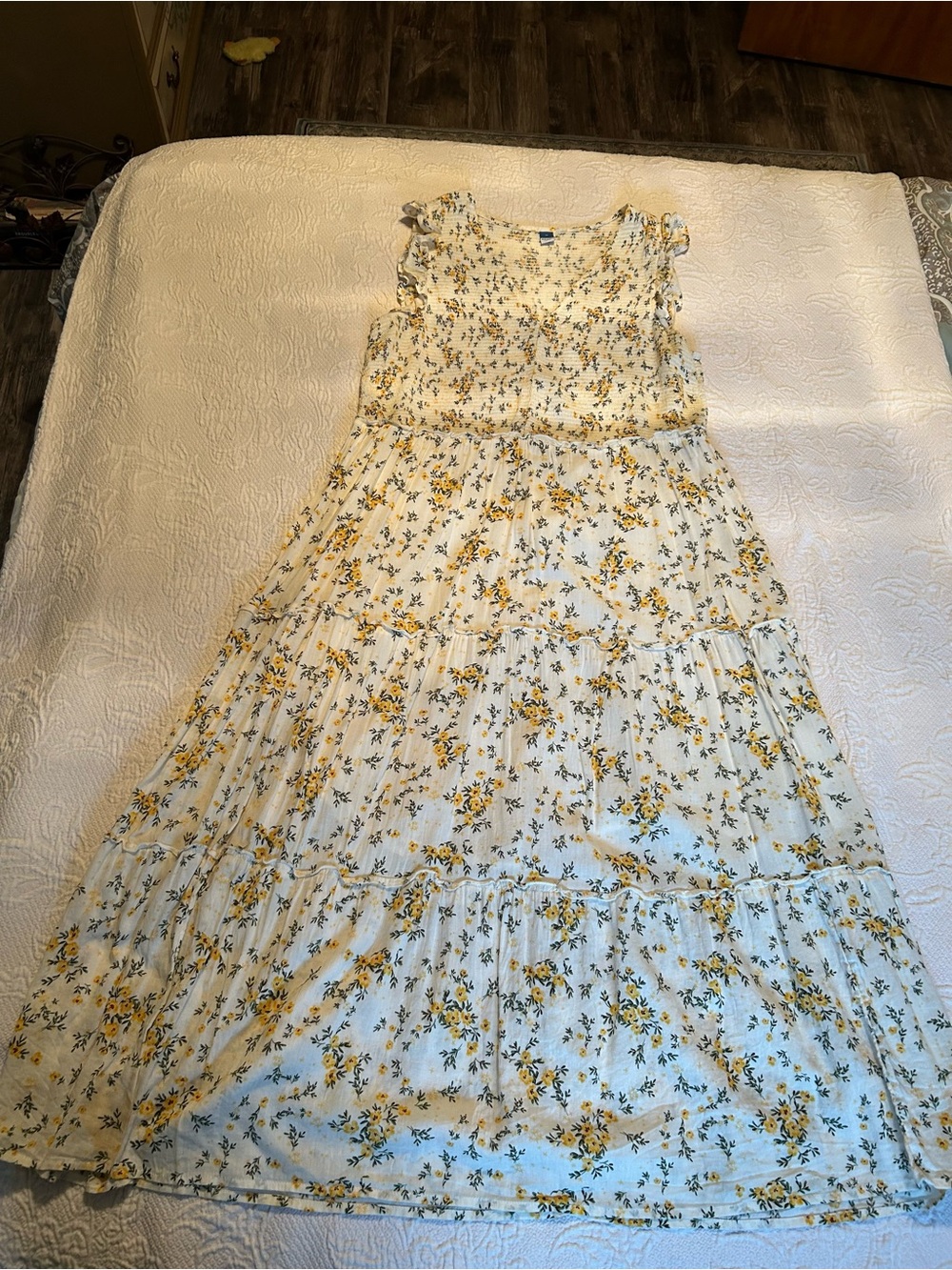 Old Navy Cream Maxi Dress with Yellow Floral Print and Ruffle Shoulders